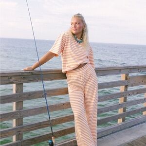 Striped Wide Leg and Top Lounge Set in Peach Stripe